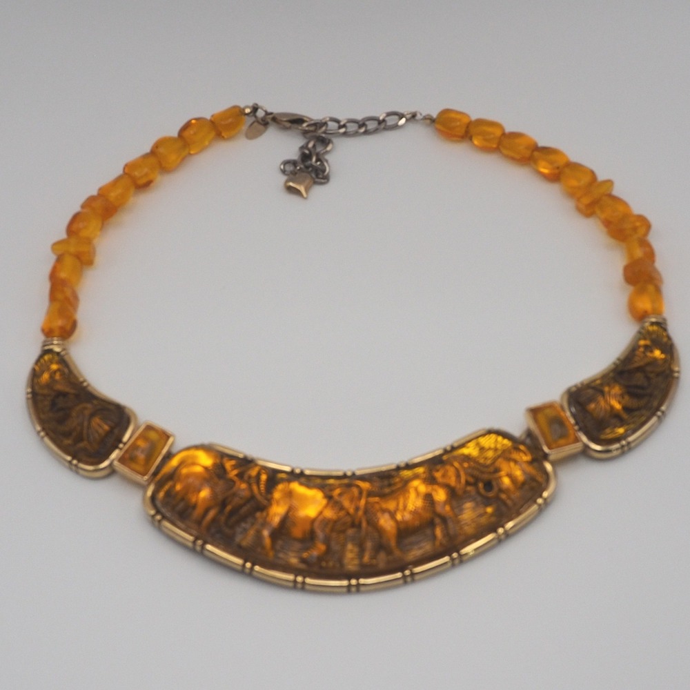 Vintage Necklace Orange Relief Carved Elephant Herd Safari Bib Collar Gold Tone